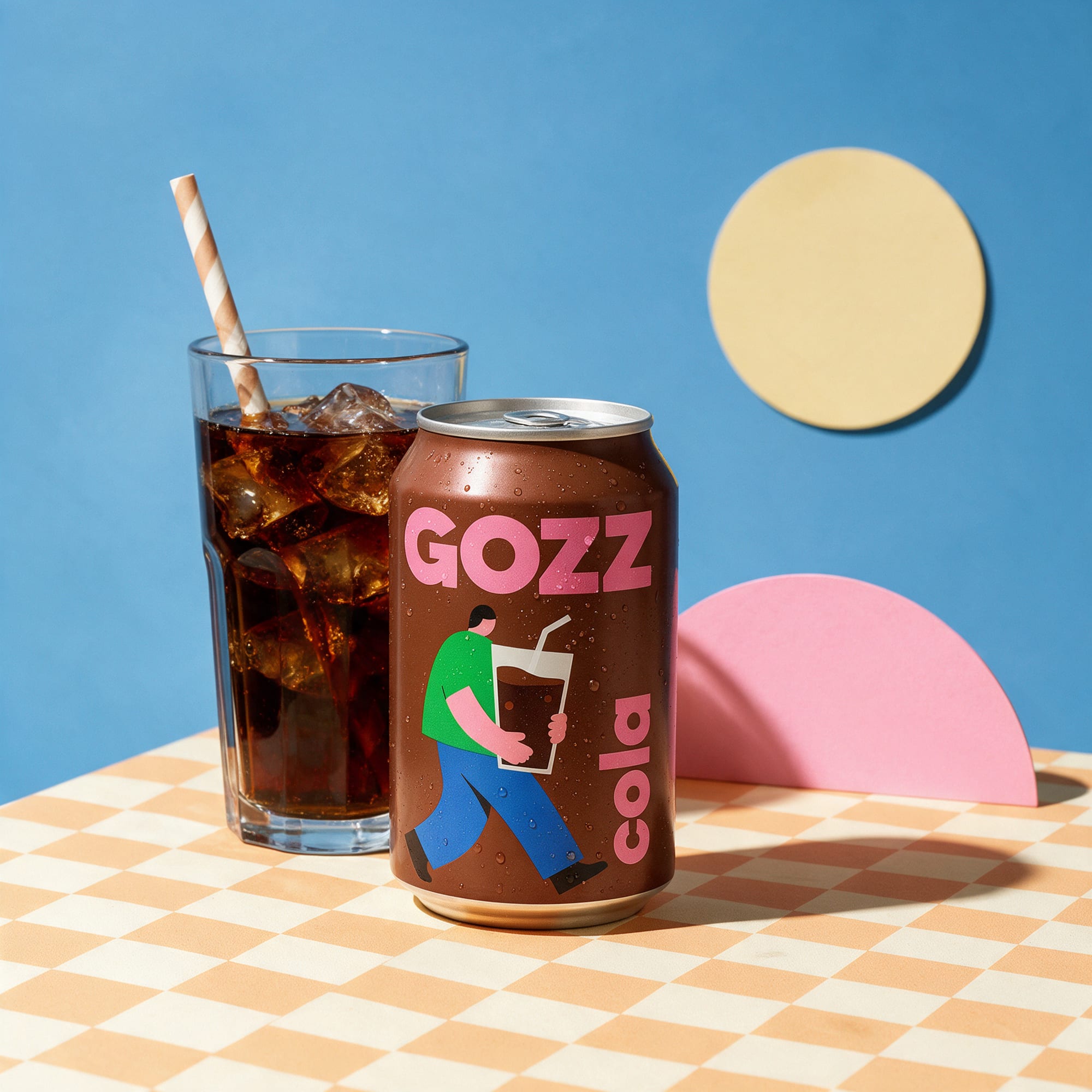 Lata y vaso de Gozz sobre un mantel de cuadros