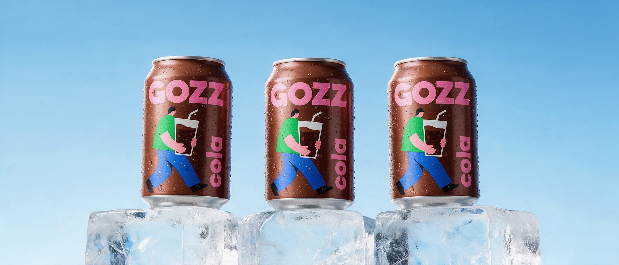 Tres latas de Gozz cola sobre bloques de hielo